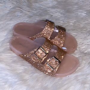 rose gold diamond slip on sandals